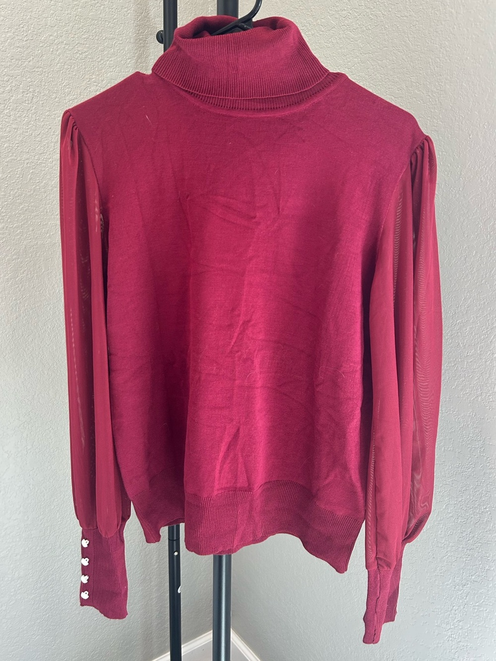 Women's Burgundy Turtleneck Sweater with Button Cuff